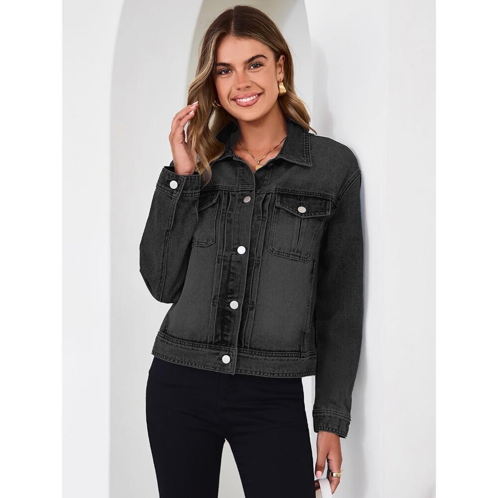 Classic BlackDenim Jacket Casual Chic Look Stylish Cropped Short Denim For Women - Picture 3 of 7